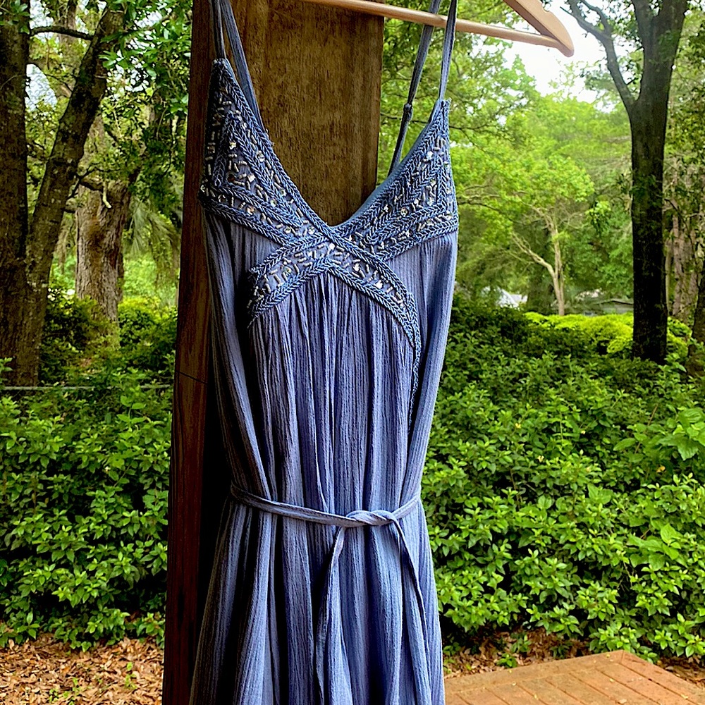 Blue summer dress with ornate beading